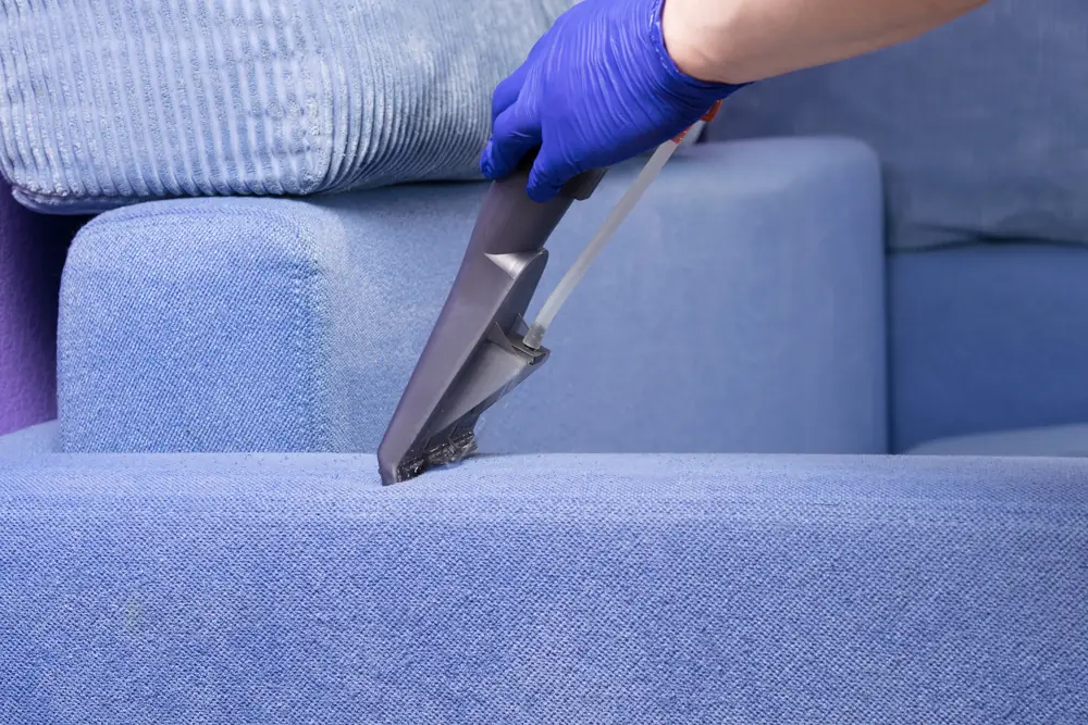 Profissional higienizando o assento de um sofá azul com extratora